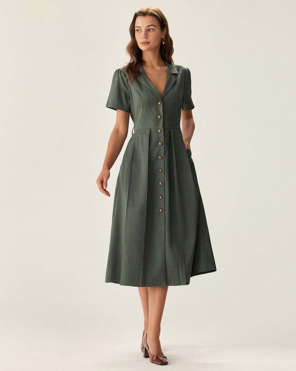 RIHOAS Green V-Neck Pleated Button Front Midi Dress size XL - Picture 3 of 5
